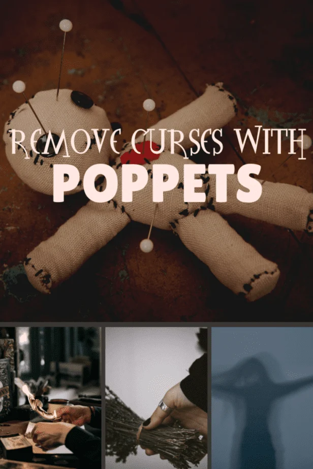 A poppet or voodoo doll. Burning sigils. Herbs. A blurry witch.