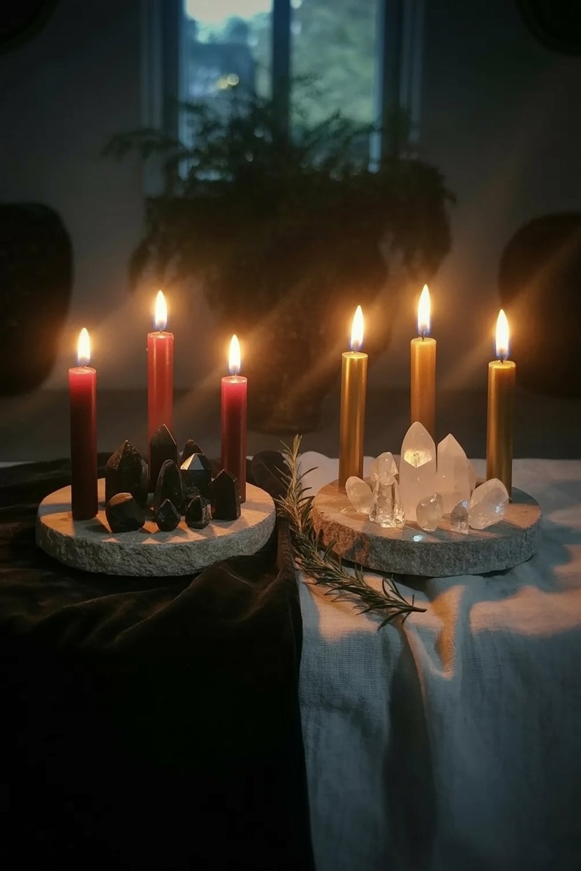 Split composition: left side shows nighttime altar with red candles and dark crystals, right side shows dawn altar with gold candles and clear crystals, seamless transition between night and morning, yin yang balance of refusal and illumination, both altars equally powerful, photograph style, symbolic duality