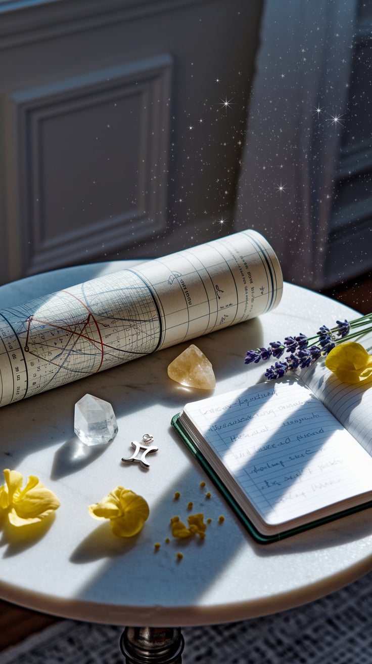 A marble tabletop bathed in morning light holds a simple yet evocative arrangement representing Gemini energy. The slightly tilted photograph captures a vintage celestial map showing the Gemini constellation, its edges naturally curling at the corners. Two identical clear quartz points rest at opposite sides of the map, symbolizing the twins of Gemini, with one catching the light brilliantly while the other sits partially in shadow—a subtle nod to the dual nature of Gemini personalities. A delicate silver chain with a Gemini twin pendant lies casually draped across one corner, while a small antique hand mirror with silver filigree reflects fragments of light onto the surface, representing the Gemini gift for reflection and communication. Fresh yellow butterfly pea flowers and sprigs of lavender are scattered naturally around the arrangement, their airy quality echoing Gemini's element. Two identical feather quills—one white, one gray—rest parallel to each other, symbolizing Gemini's communication skills and duality. The morning light creates natural highlights and slight shadows across the scene, with tiny dust motes visible in the sunbeam, giving an ethereal quality to this imperfectly angled, authentic-feeling snapshot of Gemini symbolism.