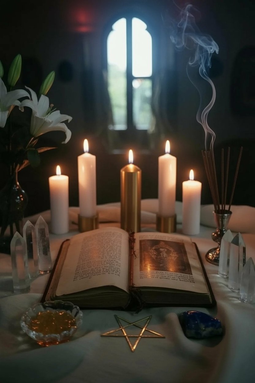 Dawn-lit altar with gold and white candles, open ancient book, clear quartz points, frankincense smoke curling upward, morning star pentagram symbol, fresh white flowers, blue lapis lazuli, honey in glass dish, golden hour lighting streaming through window, enlightenment aesthetic, photograph style