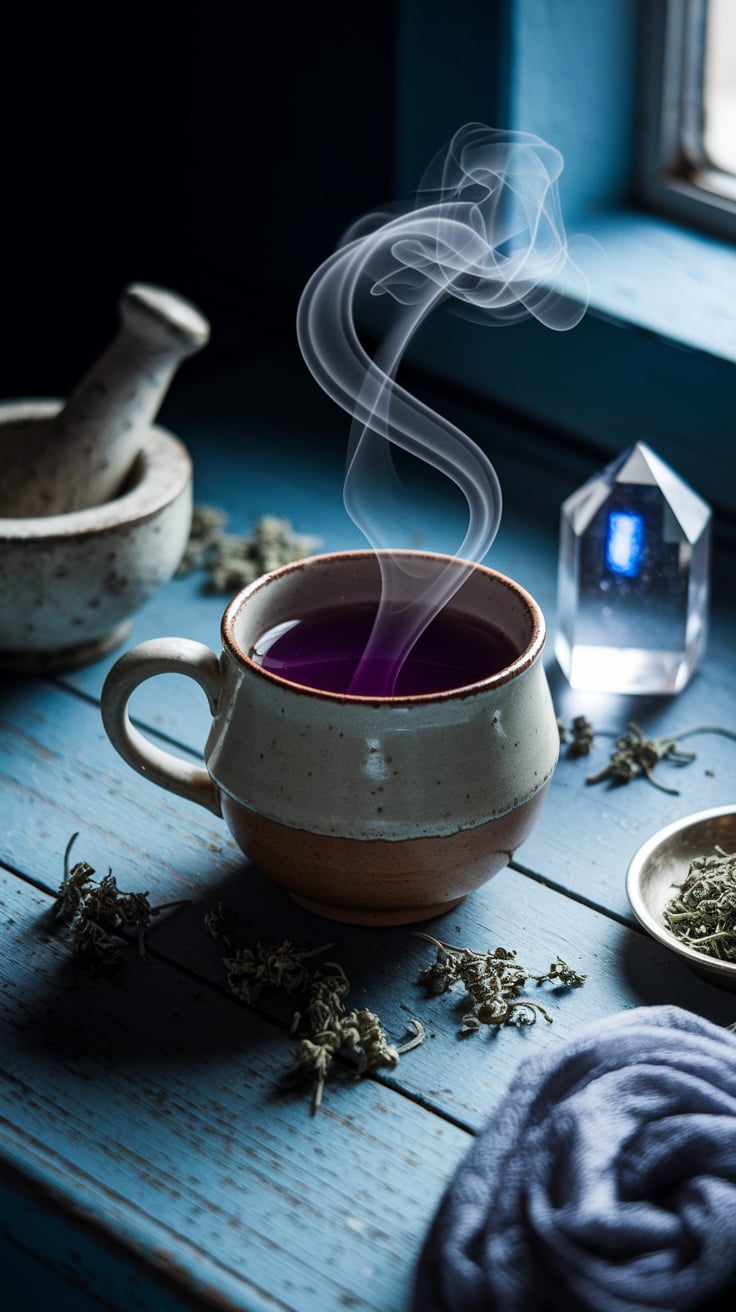 Lunar witch astral projection brew Atmospheric preparation of mugwort tea with a mortar and pestle visible, illuminated by moonlight for astral projection work