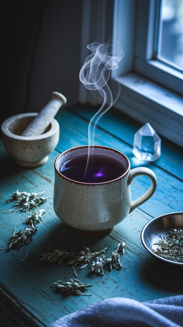 Mugwort dream tea by moonlight Rustic wooden table with a cup of purple mugwort tea, dried herbs, and crystal under the glow of the full moon for dream magic