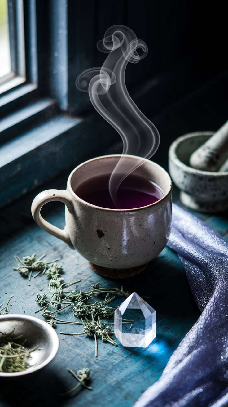 Mystical mugwort tea for spiritual journeys Moonlit scene of freshly brewed mugwort tea with scattered dried herbs and a clear quartz crystal for spiritual dream enhancement