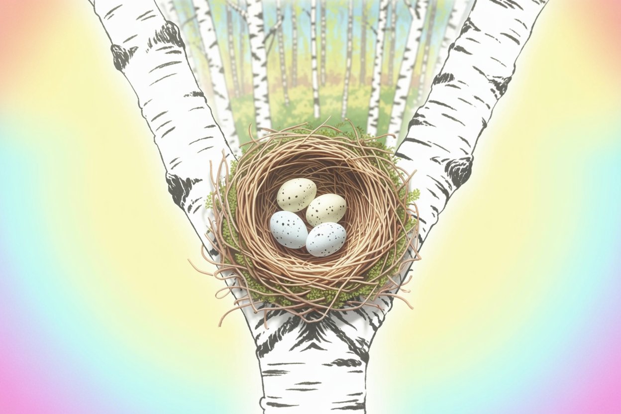 Bird's nest cradled in birch tree fork demonstrates multiple Ostara correspondences layering together—eggs as iconic symbols of contained potential, birch as the tree that leafs earliest in northern climates (indexical spring marker), and nesting as the reproductive timing that makes fertility associations observable rather than abstract. The V-shaped fork represents natural structure holding transformation. The birch forest tunnel in the background shows spring's return as a repeated pattern across the landscape, not an isolated event.