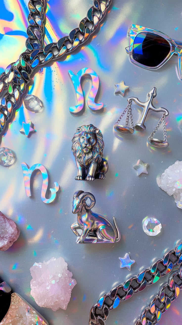 A radiant Y2K aesthetic flat lay displaying zodiac symbols through metallic objects like a lion, a ram, and scales. Surrounding the central elements are iridescent accessories, glowing crystals, and sparkly star-shaped accents, all reflecting vibrant rainbow hues on a shimmering background.