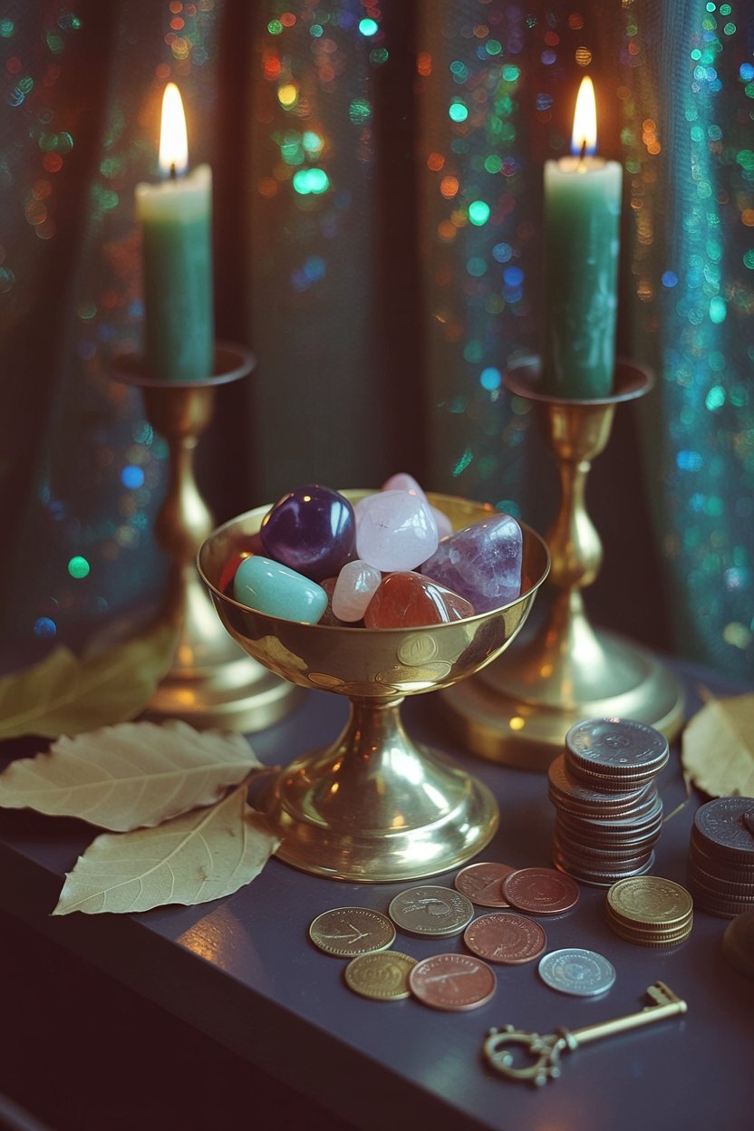 This image semiotically represents the formal ritual space and "Money Altar" concept. The symmetrical composition (two candles flanking central offering dish) creates sacred geometry that signals intentional practice rather than casual decoration. The mixed crystals in the brass compote function as a collected treasury of different energetic approaches, while the brass key represents access and unlocking. The green candle flames introduce living fire element to activate the earth-element stones.