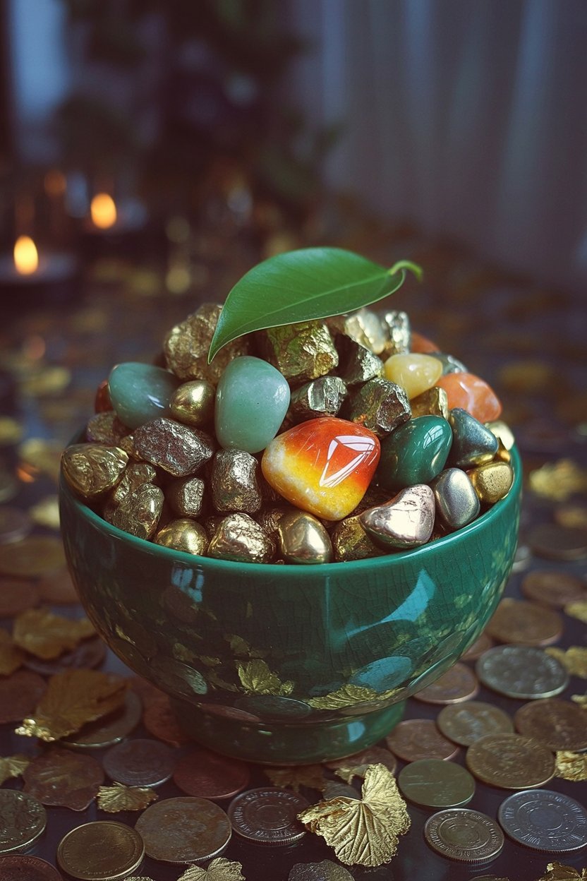 This image semiotically represents the "Abundance Overflow" concept where wealth cannot be contained. The elevated angle and visible overflow of stones outside the bowl demonstrate prosperity exceeding its container. The single bright green leaf on top functions as a natural seal or blessing, connecting mineral wealth to living growth. The scattered gold coins beneath reinforce the correspondence between stone and currency while suggesting wealth that spills into the everyday.