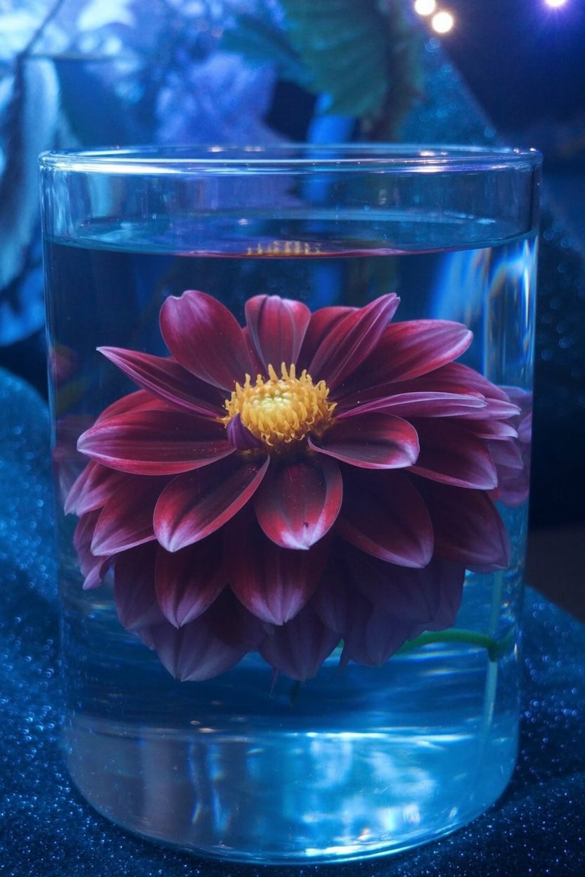 Emotional layers compressed under water pressure create visible density Burgundy dahlia with fifteen layered petals submerged in clear water inside glass cylinder, petals pressed against container walls showing how emotional depth creates visible pressure when held in fixed space