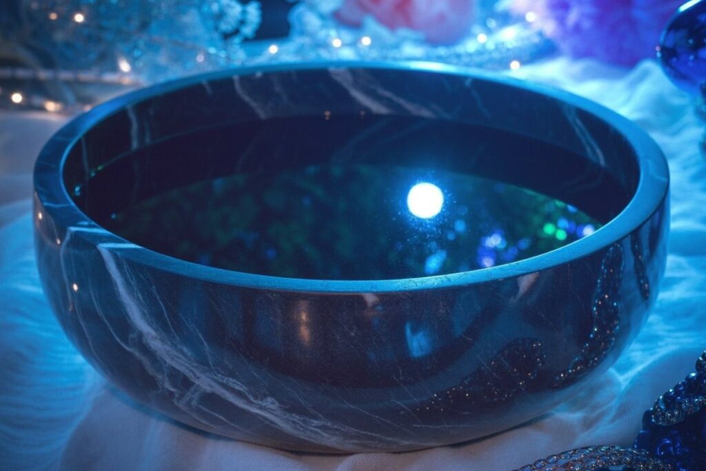 Black marble bowl with white veining holds concentrated point of light against blurred blue background, demonstrating how fixed water contains emotional intensity in one focused point rather than letting it disperse