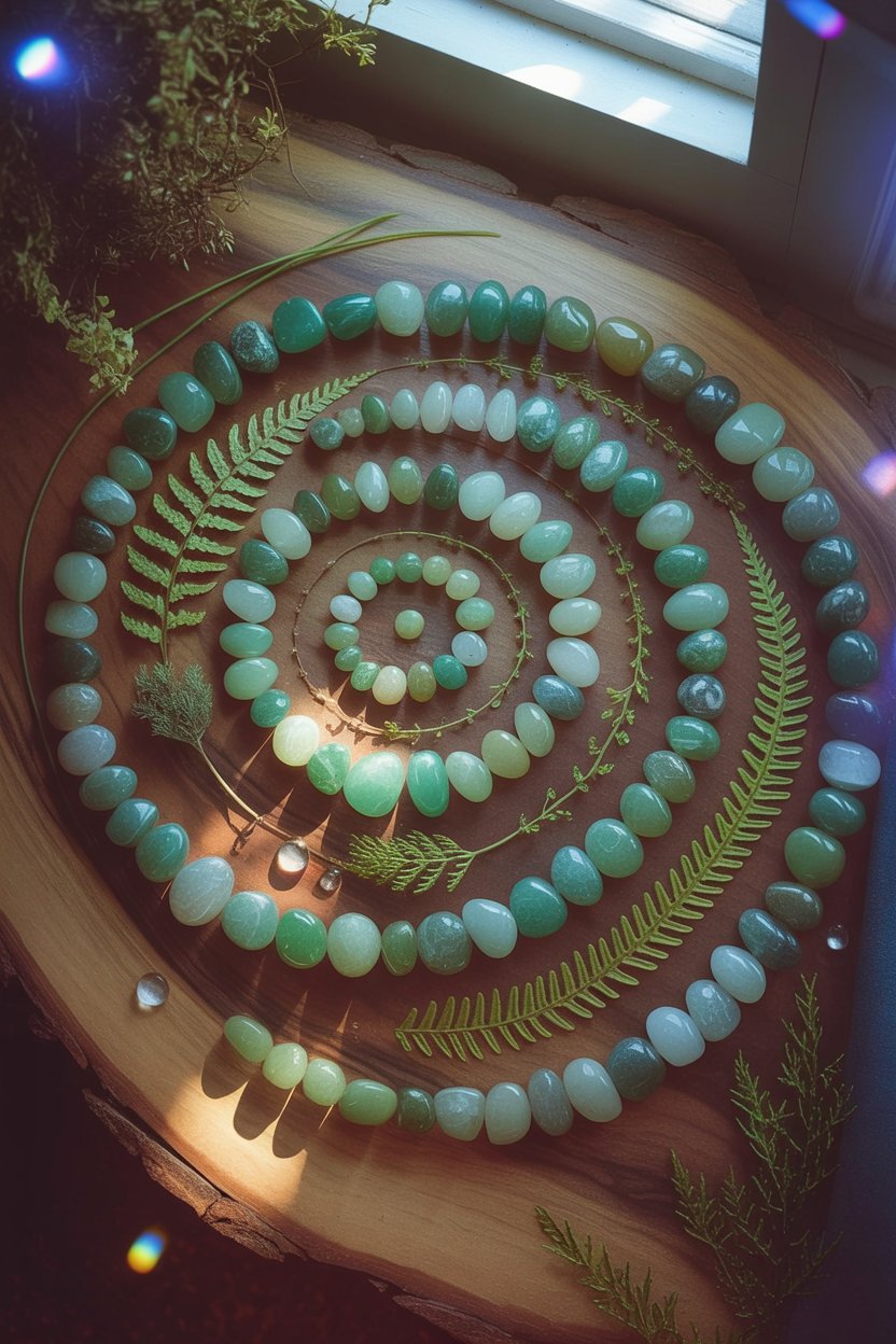 This image semiotically represents the concept of growth and expansion discussed in the Green Aventurine section. The spiral pattern functions as a visual metaphor for opportunities unfolding from a central point of intention, while the fern fronds (themselves spiral patterns in nature) reinforce the correspondence between the stone's green color and natural growth. The progression from tight center to open outer rings demonstrates the "noticing opportunities" practice described in the post.