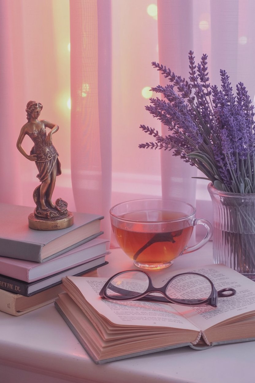 An open book with reading glasses, warm tea, lavender, and a Venus statue arranged in soft pink light embodies the Libra woman's need for beauty combined with intellectual stimulation. Each object represents her core values: knowledge, sensory pleasure, aesthetic refinement, and the Venus principle organizing her world.