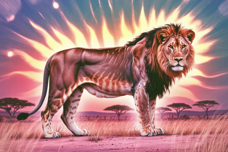 Male lion in profile with solar burst radiating behind him collapses Leo's triple signification: animal symbol (lion), celestial ruler (sun), and fixed quality (grounded stance, unwavering gaze). The mane dissolving into sun rays bridges earthly and cosmic identity. Pink and gold tones soften traditional Leo orange while maintaining solar associations. Serves as direct zodiac signifier anchoring entire symbolic system.