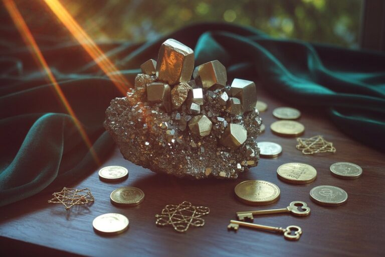 This image directly illustrates the "Fool's Gold That Teaches Real Lessons" section about pyrite. The cubic metallic formations of the pyrite cluster semiotically mirror the geometric precision of the brass keys and stacked coins, creating a visual correspondence network between mineral wealth (pyrite), currency (coins), and access/unlocking (keys). The dramatic golden beam of light from the left functions as both literal illumination and symbolic enlightenment, representing the moment of recognition the post describes.