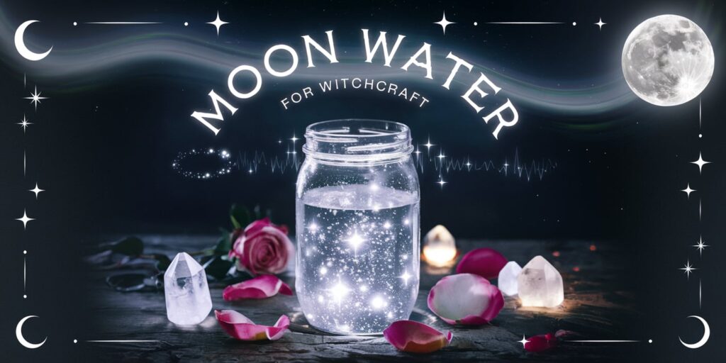 Moon water beginners guide A photorealistic depiction of a jar filled with sparkling moon water glowing under the light of a full moon. The scene features a rustic wooden surface scattered with rose petals and illuminated quartz crystals, adding a mystical and enchanting ambiance. The design incorporates subtle magical details, such as a glowing wave-like aura and starry accents. Minimalist occult symbols, including crescent moons and stars, frame the image, enhancing the celestial theme. The text "Moon Water for Witchcraft" arches over the jar in a sleek, glowing font, blending seamlessly with the magical atmosphere.