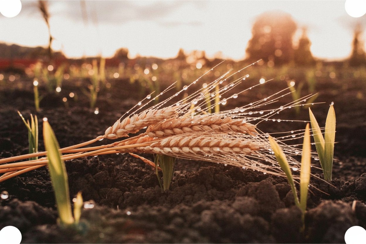 Morning Dew on Wheat Stalks Harvested wheat with water droplets on tilled soil connects Virgo to grain goddesses and earth-element productivity. The close-up composition focuses attention on material detail (individual water beads, soil texture, grain structure), mirroring Virgo's hypervigilant observation. Functions as visual metaphor for the article's point about Virgo noticing system-level patterns through granular attention.