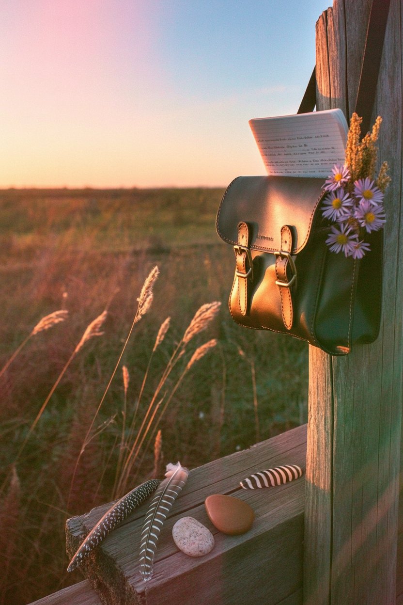 The Sagittarius woman's minimalist approach to physical possessions balanced against her maximal hunger for experience, with a practical leather satchel holding only essentials while the infinite wheat field and sunset sky call her toward new territories she must explore.