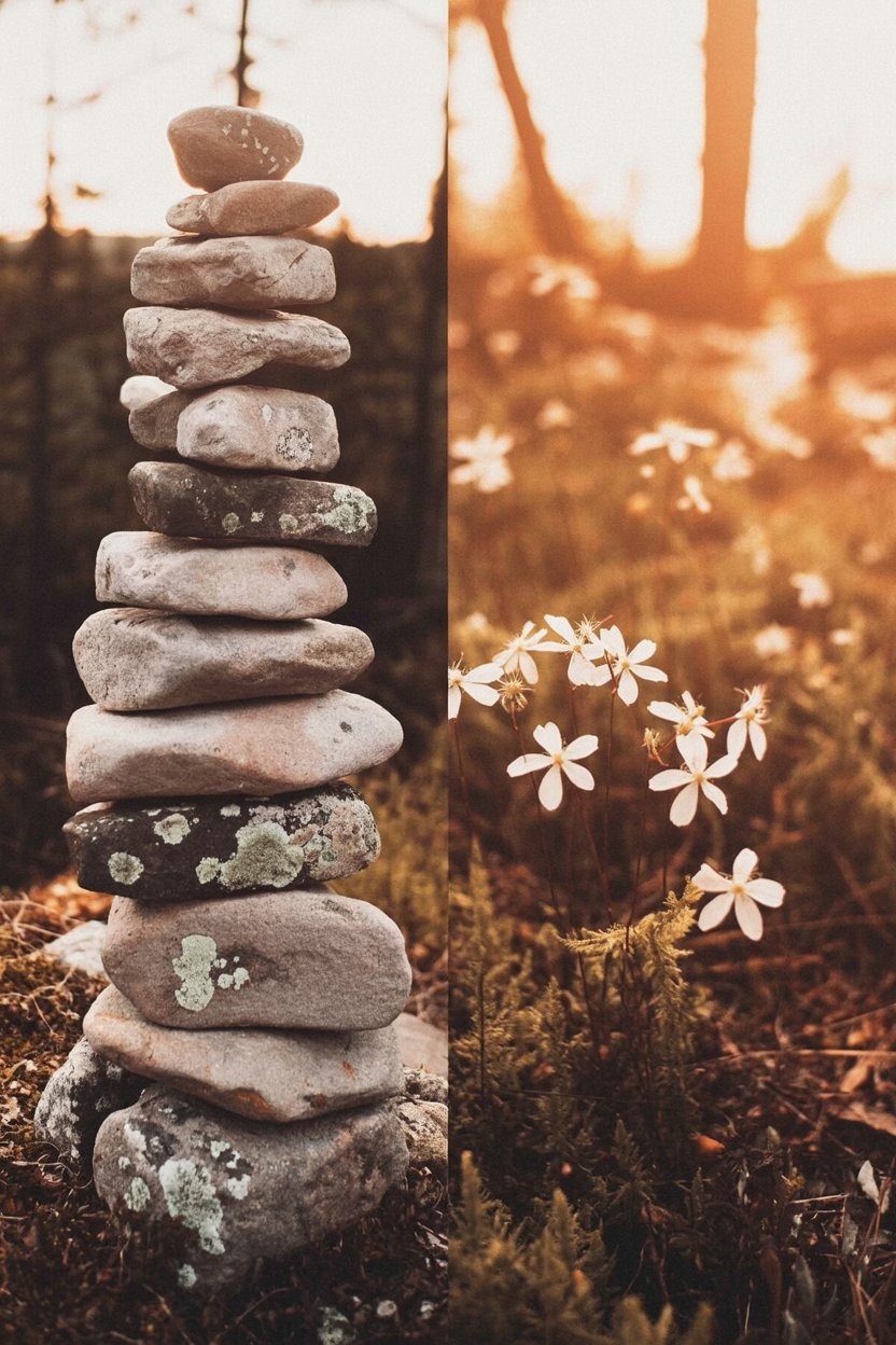 Stacked River Stones and Wildflowers Split Left panel's balanced stone cairn with lichen growth represents Virgo's methodical stability building through small, precise adjustments. Right panel's delicate white flowers in golden-hour glow introduces mutable softness balancing earth-element groundedness. The diptych structure semiotically mirrors the article's thesis: Virgo combines reliable systems (stones) with adaptive responsiveness (flowers responding to light).