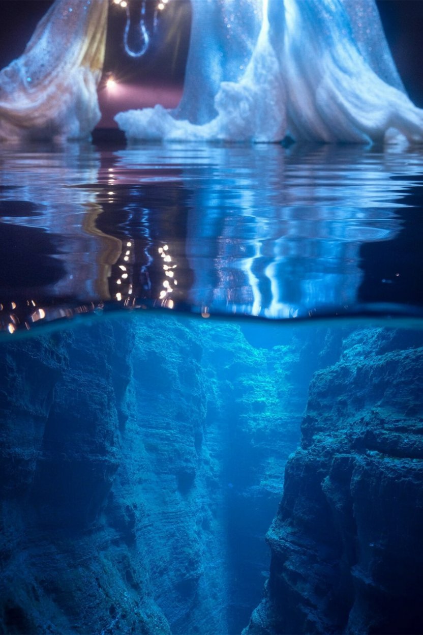 Surface performance hides the depths where she actually lives Split view shows white dress fabric with theatrical pink and blue lights above water surface while deep blue underwater cave with rock formations exists below, demonstrating gap between surface presentation and actual depth of experience