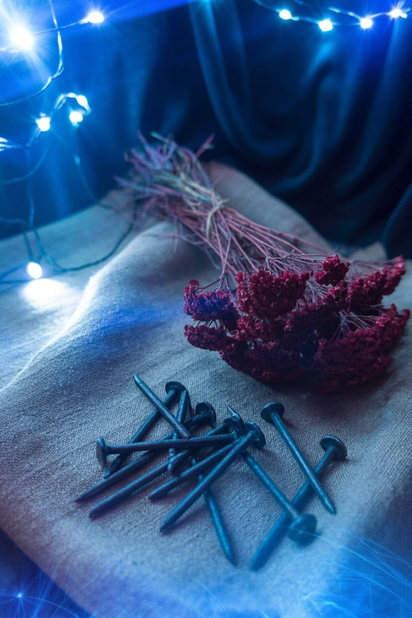 Testing requires both boundaries and the willingness to be Dried red flowers bundled with stems beside scattered blue construction nails on gray linen with soft blue lights behind, showing how trust-building requires both defensive boundaries and willingness to reveal dried vulnerable parts