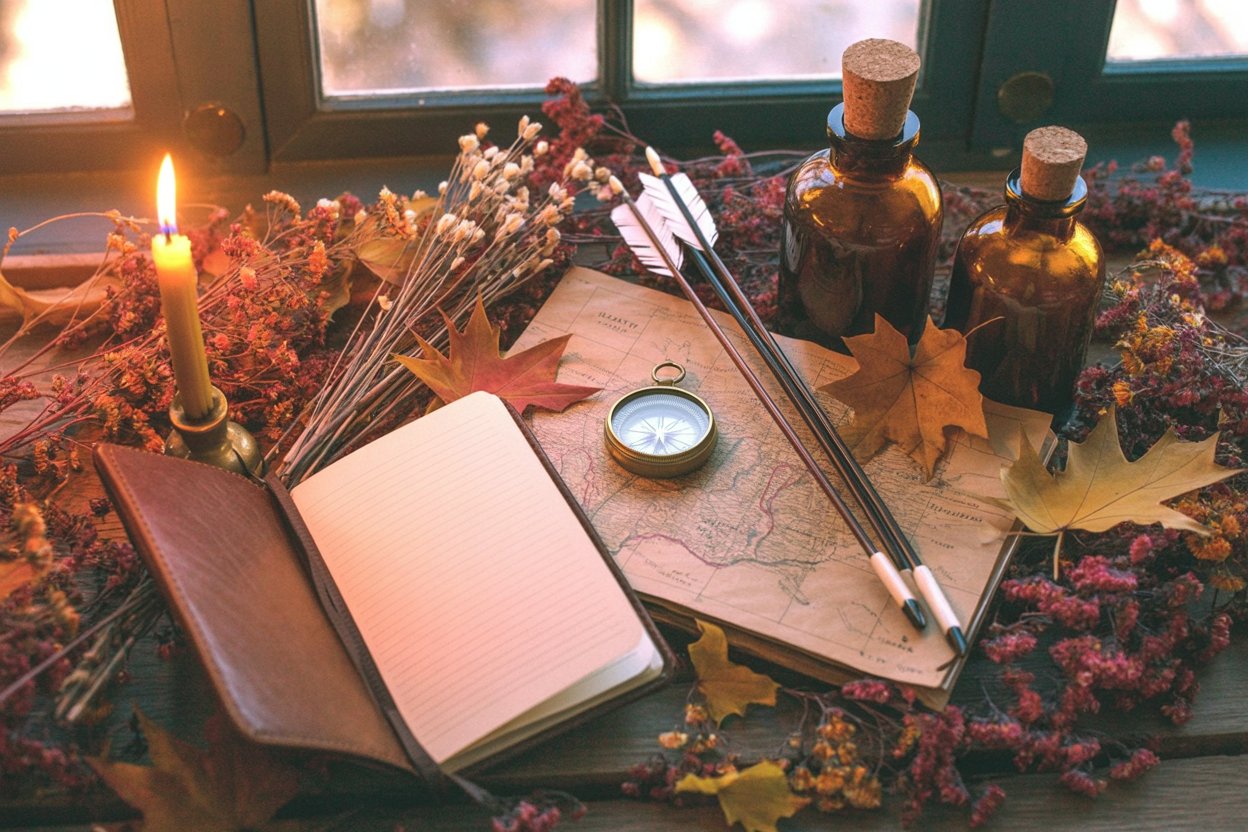 Visual embodiment of the Sagittarius woman's restless need to document her expansions, featuring navigation tools for both physical travel and intellectual exploration, paired with autumn botanicals that ground her fire element in seasonal wisdom and the amber bottles that preserve her discoveries.
