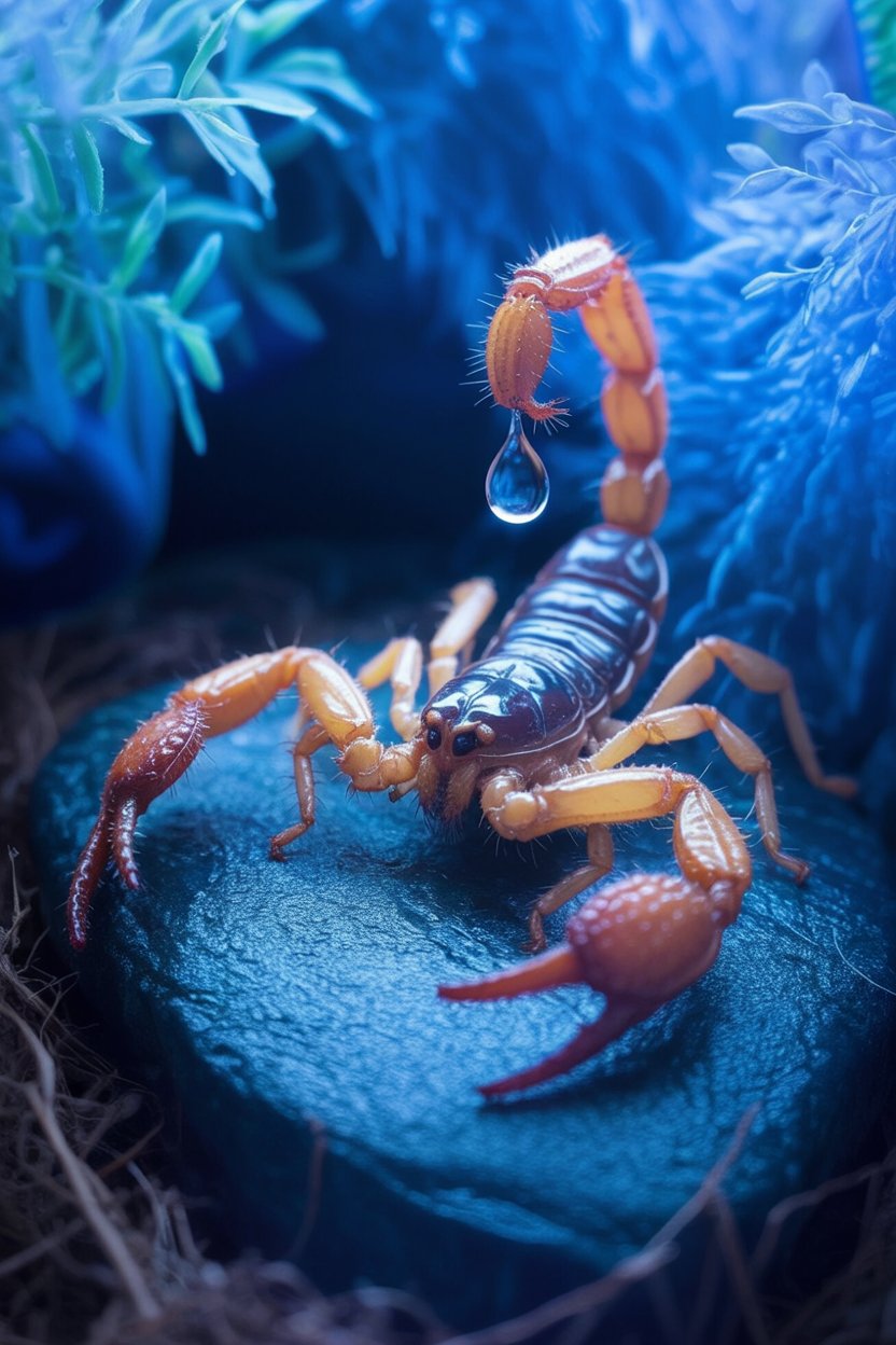 The defensive posture holds one drop of trust before deciding Orange-brown scorpion in defensive stance on wet blue surface with single transparent water droplet hanging from curved stinger tip and green background blur, showing the suspended moment before trust decision gets made