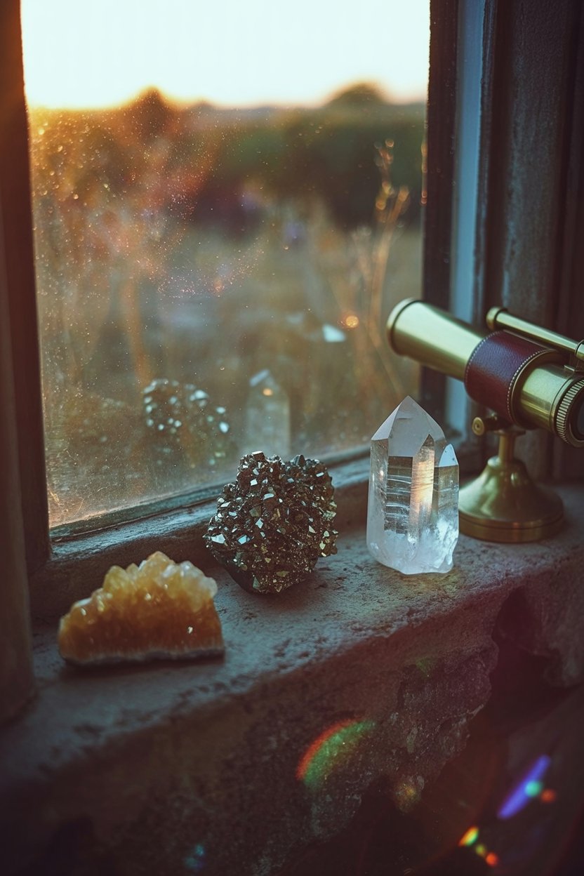 This image semiotically captures the "Charging Crystals" practice described in the post, with the windowsill functioning as a liminal space between interior intention and exterior manifestation. The sunset's golden light literally demonstrates the charging process - energy moving through and illuminating the stones. The brass telescope pointing outward represents the "alert and awake to opportunities" concept, while the weathered stone sill grounds the practice in patient, enduring work rather than quick fixes.