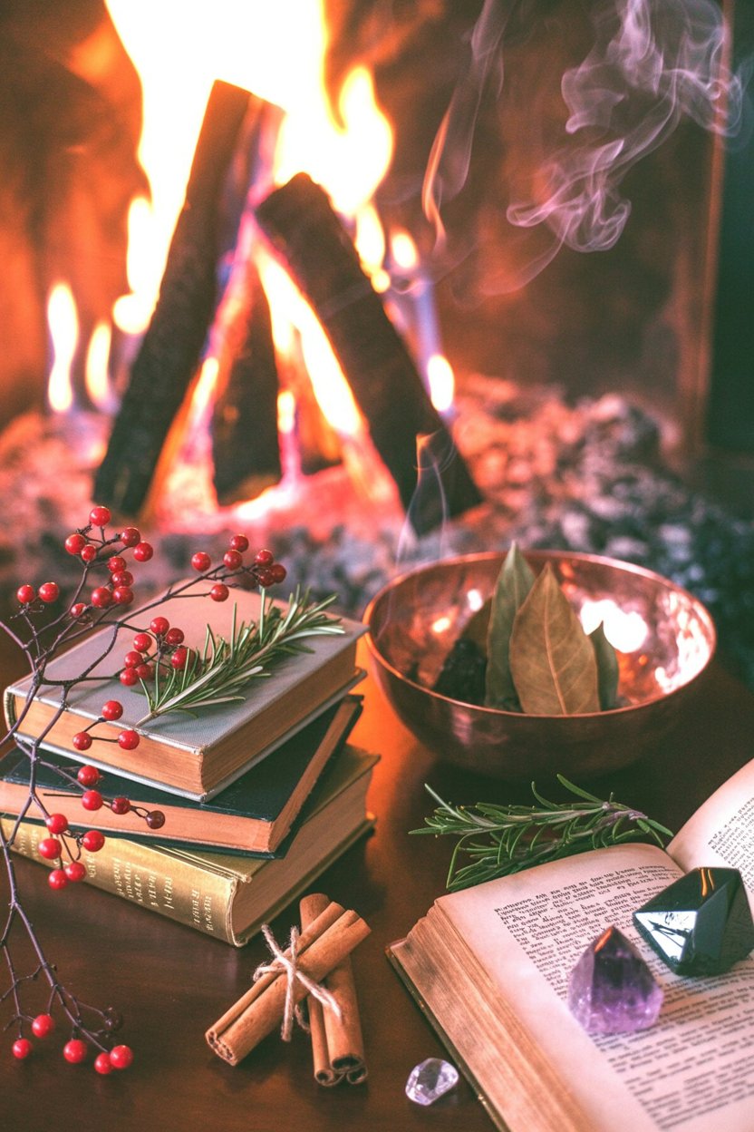 The Sagittarius woman's fire element made literal through both intellectual pursuit and elemental transformation, where vintage texts meet burning bay leaves for divination, rosemary for memory, and crystals for clarity as she seeks truth through the purifying intensity of actual flame.