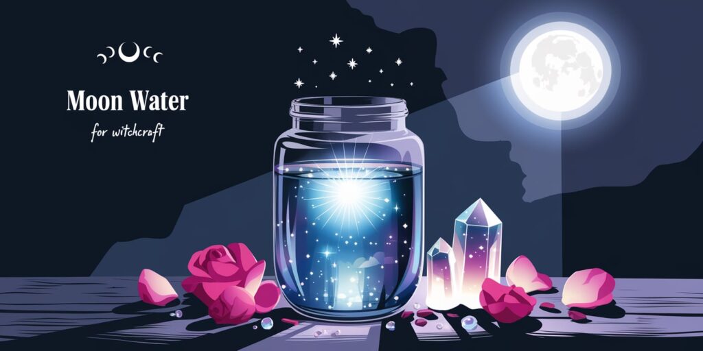 What is moon water A stylized, illustrated graphic of a jar of glowing moon water set against a dark, serene night sky. The jar emits a radiant starburst of light, with sparkling magical particles floating above the water. The background features a silhouette of a full moon casting its light onto the scene, which includes scattered rose petals and gleaming quartz crystals on a wooden surface. The minimalist typography "Moon Water for Witchcraft" in bold and handwritten fonts adds an elegant and modern touch. The entire composition conveys a mystical and spiritual vibe perfect for witchcraft themes.