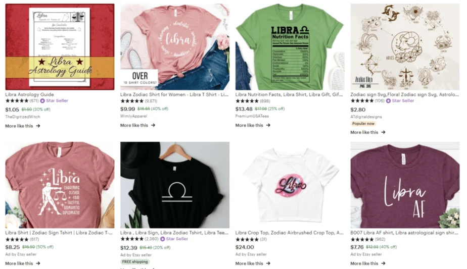 Libra themed shirts on Etsy