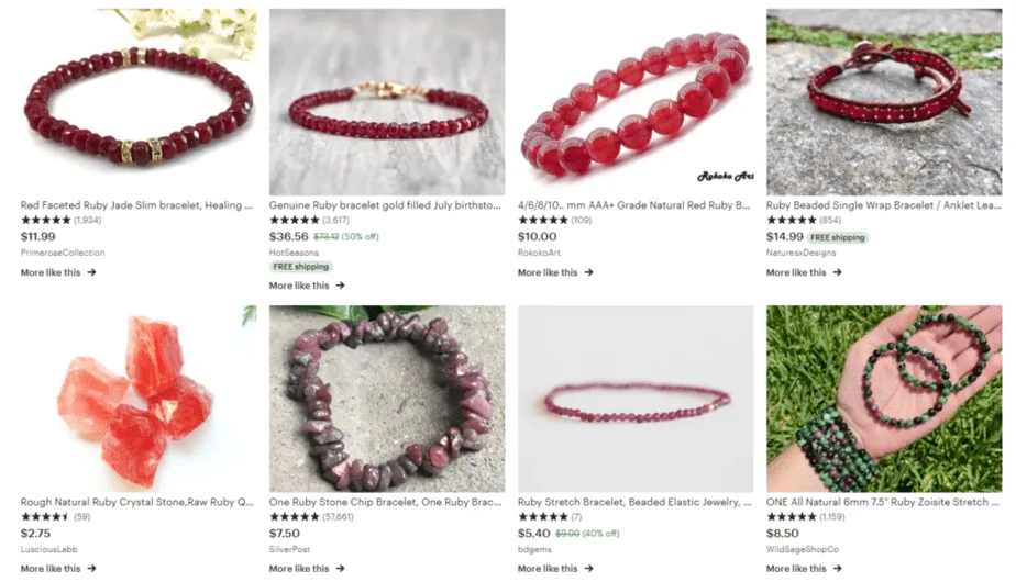 Ruby bracelets on Etsy