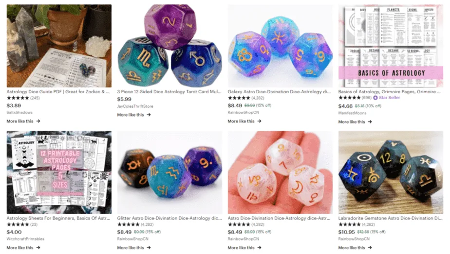 Astrology dice on Etsy