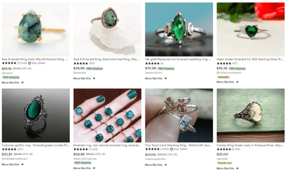 Emerald rings on Etsy