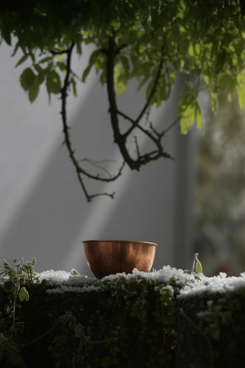 The empty vessel signals scarcity. Winter rain is rare, so the waiting copper cup (Venus material) holds potency through absence. Frost marks the season. Bare branches show dormancy. This is collection through waiting: when water comes, it carries wisdom through the year's quietest season.