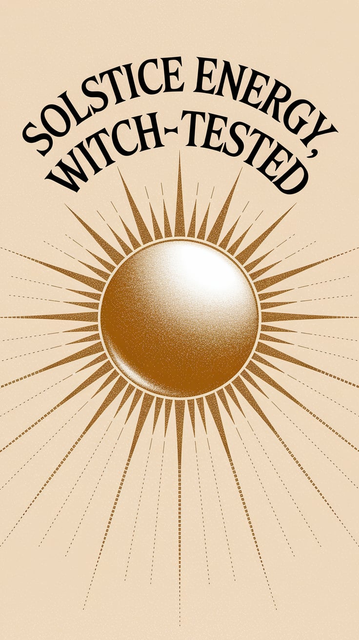 A bright golden disc—stylized like an ancient sun symbol—glows at the center of a pale terracotta background. The edges of the sun shimmer slightly, radiating subtle light beams in etched lines. Above it, the phrase “Solstice Energy, Witch-Tested” is centered in massive, warm serif, slightly arched. The vibe is mystical, ancient, and alive.