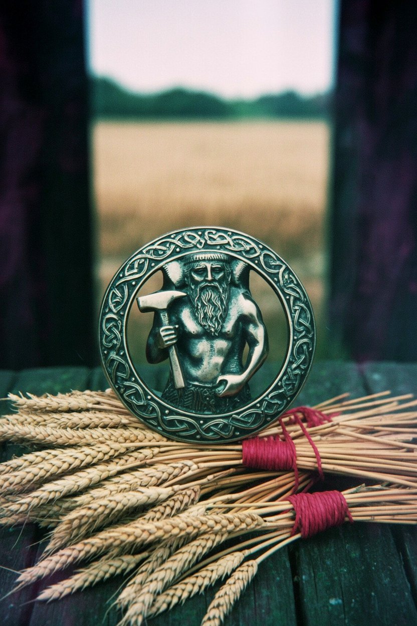 The gods name preserved in wheat and bronze at first harvest time This image semiotically demonstrates the Lughnasadh section's point about etymology revealing practice. The deity figure on the medallion paired with harvest wheat visualizes how "Lugh + násad (assembly)" preserves both the god and the agricultural timing. The bronze/metal connects to Lugh as craftsman deity. The wheat with its burgundy binding shows first harvest (Lughnasadh meaning). The medallion's knotwork and the wheat both speak to skill, craft, and careful work (Lugh's domains). This image shows how a god's name carried forward through time attached to the season of his assembly-feast.