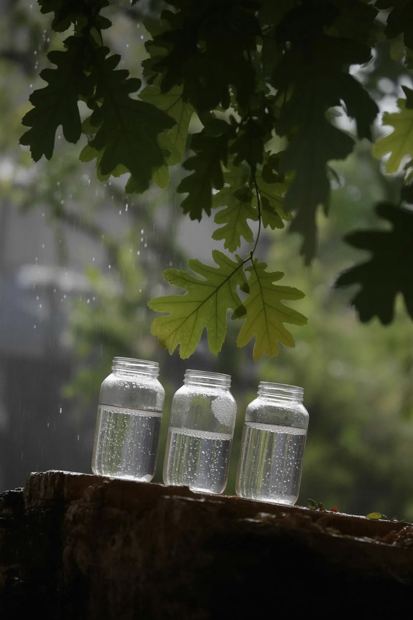 Three jars represent past, present, and future collection or waxing, full, and waning moon phases. Oak leaves (not the expected maple) mark autumn timing. Weathered wood shows time passage. Start with one jar, but this shows where the practice grows: multiple seasonal collections, each jar holding different timing.