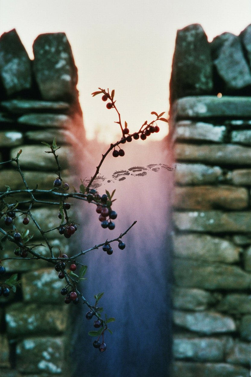 Threshold between light and dark where summer dies into winter This image semiotically visualizes the Samhain section's meaning as liminal space. The stone gap creates a literal threshold, while the sunset colors transitioning from warm pink (summer/light) to cool purple (winter/darkness) demonstrate "summer's end" etymology made spatial. The sloe berries place it in late October (their harvest timing). The aged stone suggests ancient boundaries still standing. The threshold motif connects to Samhain as the moment between years, neither fully in the old year nor the new. The berries (associated with protection and boundary work in Celtic tradition) frame the passage.