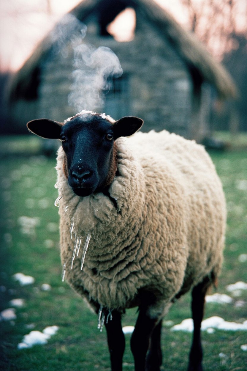Winter sheep breathing life into frozen morning air This image semiotically anchors the Imbolc section's etymology of "in the belly." The pregnant ewe (suggested by the body shape and season) with steam rising and ice melting demonstrates the biological marker that gave the holiday its name. The visible breath in cold air signals the quickening, the return of life preparing beneath the surface. The icicles melting from the wool show transition from frozen stasis to thaw. This grounds the abstract pronunciation guide in the agricultural reality that created the word: late winter when ewes begin lactating before lambing.