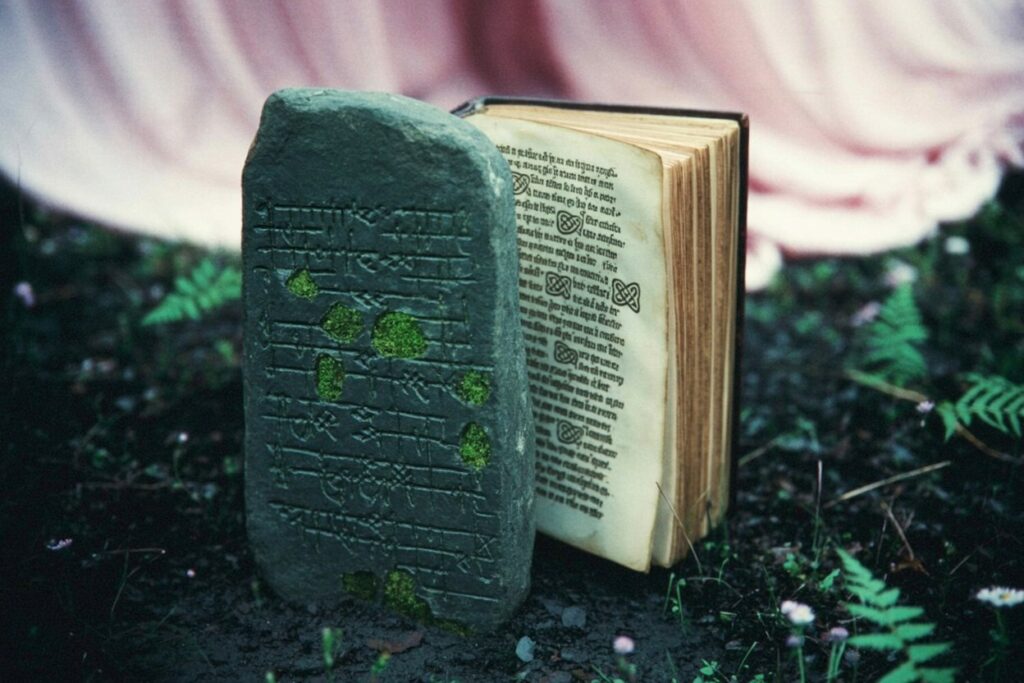 This image semiotically visualizes the post's core argument about linguistic continuity. The carved stone (Ogham or similar ancient script) next to illuminated manuscript demonstrates how language traveled from carved monument to written word. The moss on stone shows age and weathering, while the book remains readable, showing preservation through copying. This anchors the pronunciation guide's implicit claim: these aren't fantasy words invented to sound cool, they're real language artifacts with material history. The progression from stone to vellum to modern speakers forms an unbroken chain. The Celtic knotwork on the manuscript page connects visual culture to linguistic culture