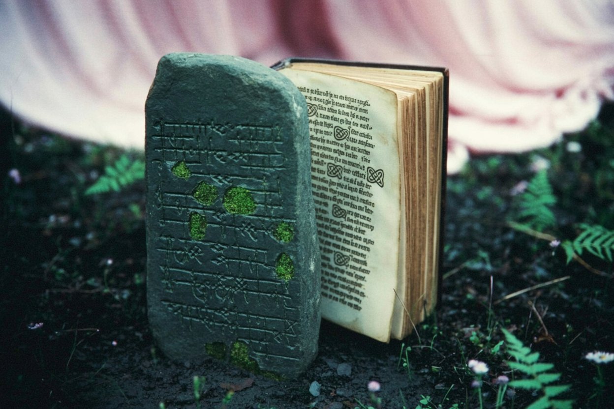 This image semiotically visualizes the post's core argument about linguistic continuity. The carved stone (Ogham or similar ancient script) next to illuminated manuscript demonstrates how language traveled from carved monument to written word. The moss on stone shows age and weathering, while the book remains readable, showing preservation through copying. This anchors the pronunciation guide's implicit claim: these aren't fantasy words invented to sound cool, they're real language artifacts with material history. The progression from stone to vellum to modern speakers forms an unbroken chain. The Celtic knotwork on the manuscript page connects visual culture to linguistic culture