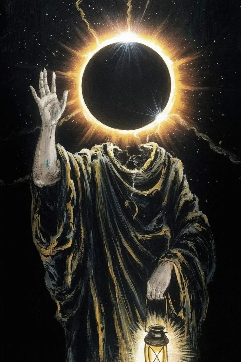 Bael holds brass lantern while total solar eclipse crowns his head teaching celestial and earthly power combined Dark robed figure with solar eclipse head holding brass lantern demonstrates Bael altar work requires both human scale ritual tools and cosmic timing awareness for goetic practice