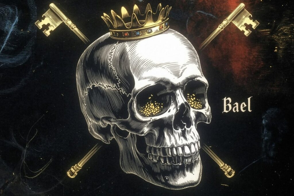 Detailed grayscale human skull wearing jeweled crown with golden light from eye sockets and crossed golden keys demonstrates Bael altar can include memento mori items death symbols and threshold crossing tools