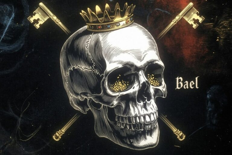 Detailed grayscale human skull wearing jeweled crown with golden light from eye sockets and crossed golden keys demonstrates Bael altar can include memento mori items death symbols and threshold crossing tools