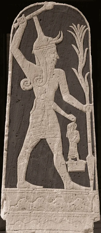 Stele of deity Ba'al brandishing his thunderbolt and planting his spear while attended by a king; currently at Louvre.
