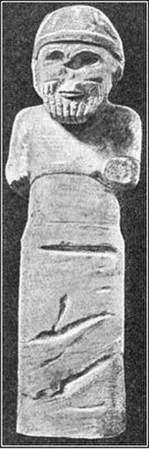 Drawing (painting?) of a monumental of Hadad, dated to the first half of the 8th century BC, found at Gerdschin near Sam'al (Zincirli). The lower part of the statue is covered in an Aramaic inscription stating that it was erected by king Panamuwa king of Ja'udi. Now on exhibit at the Pergamonmuseum, Berlin.