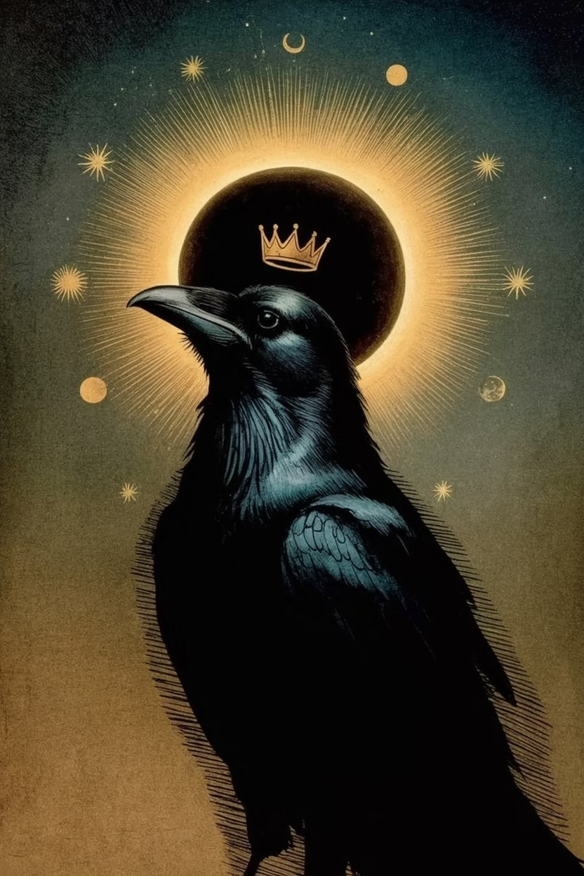 Black raven with floating gold crown against celestial background shows Stolas teaching authority form