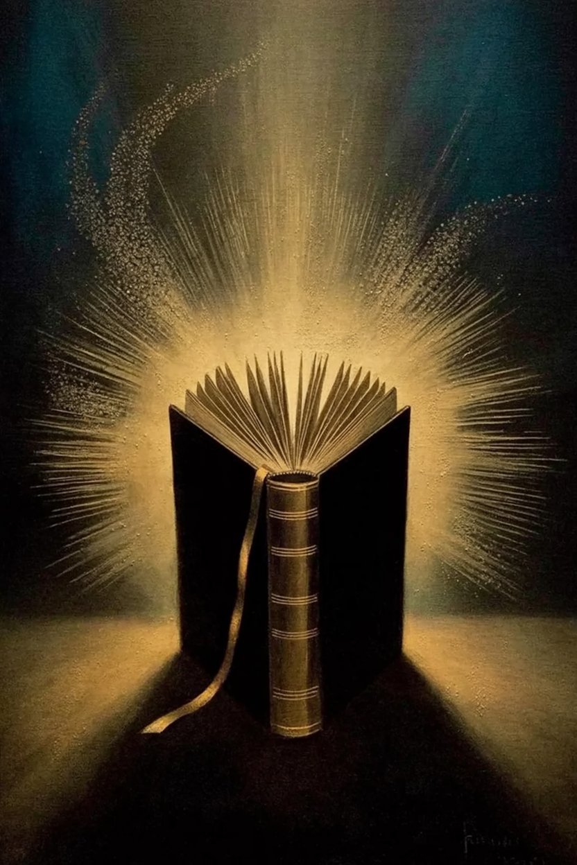 Open antique book with golden light shows reference materials as working tools on Stolas study desk