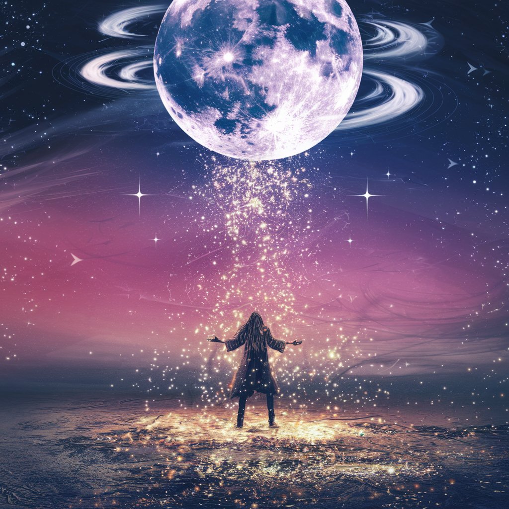A person standing beneath a glowing full moon in a vibrant cosmic setting, surrounded by sparkling stardust cascading down, symbolizing the energy and creativity of the Aquarius Moon phase.