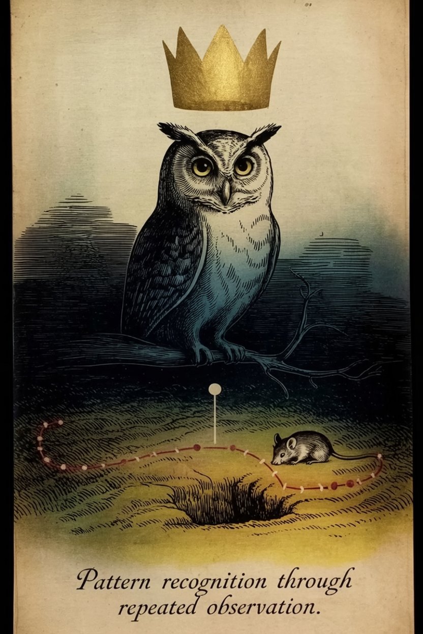 Engraved owl diagram with red-marked mouse path demonstrates pattern recognition through repeated observation
