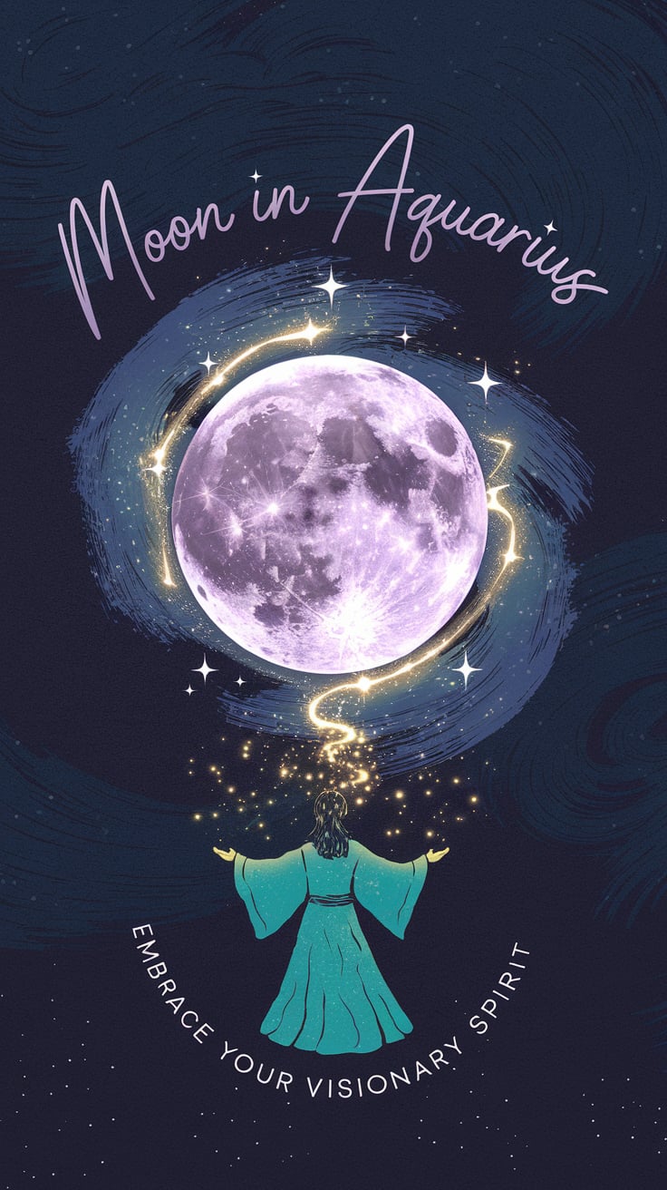 A stylized graphic of a person standing in a field under a bright moon with sparkles and text reading “Moon in Aquarius” and “Embrace Your Visionary Spirit,” representing the themes of innovation and individuality in this lunar phase.
